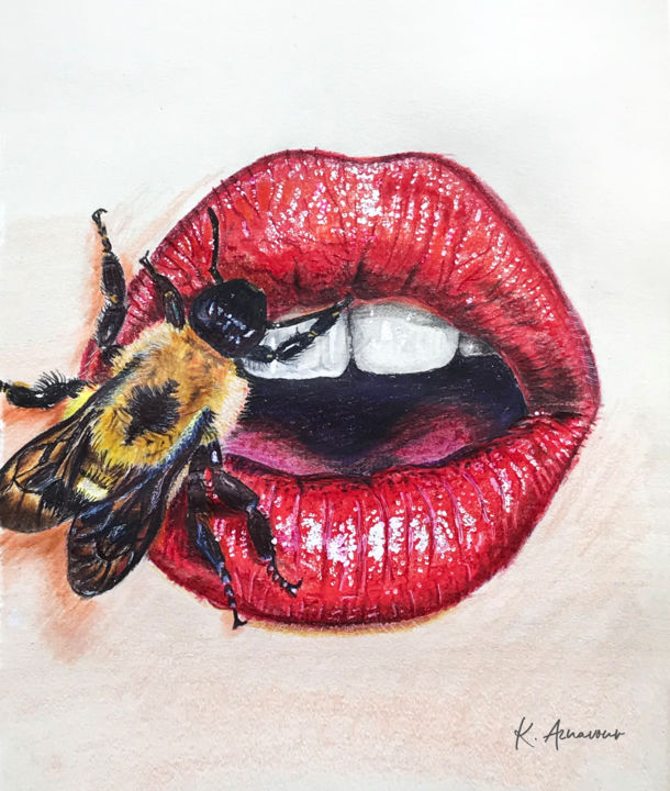 Arts numériques intitulée "Bee lips" par Karin Aznavour, Œuvre d'art originale, Peinture numérique