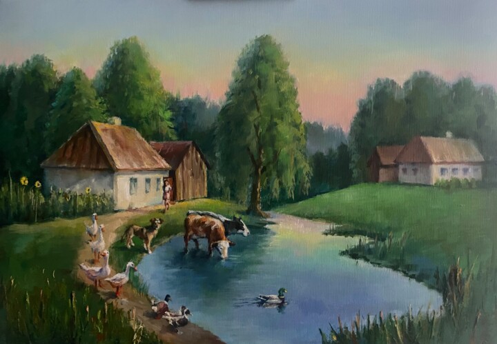 Картина под названием "House in the village" - Karas Gleb, Подлинное произведение искусства, Масло