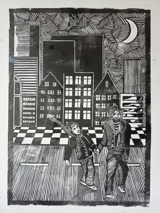 Druckgrafik mit dem Titel "Midnight walk" von Karel Liefooghe, Original-Kunstwerk, Linoldrucke Auf Holzplatte montiert