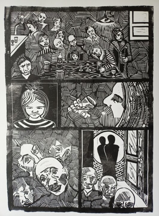Gravures & estampes intitulée "The kid in the bar" par Karel Liefooghe, Œuvre d'art originale, Linogravures Monté sur Pannea…