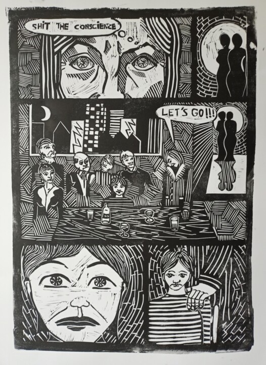 Printmaking titled "The conscience" by Karel Liefooghe, Original Artwork, Linocuts Mounted on Wood Panel