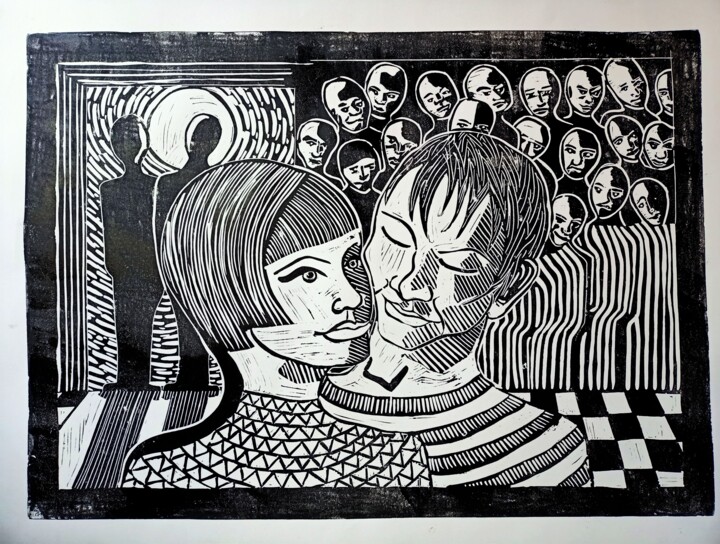 Gravures & estampes intitulée "Young Lovers" par Karel Liefooghe, Œuvre d'art originale, Linogravures Monté sur Panneau de b…