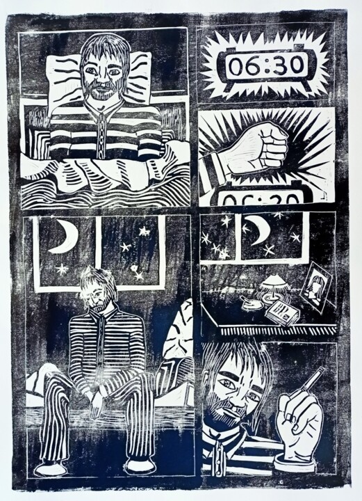 Gravures & estampes intitulée "Le reveille" par Karel Liefooghe, Œuvre d'art originale, Linogravures Monté sur Panneau de bo…