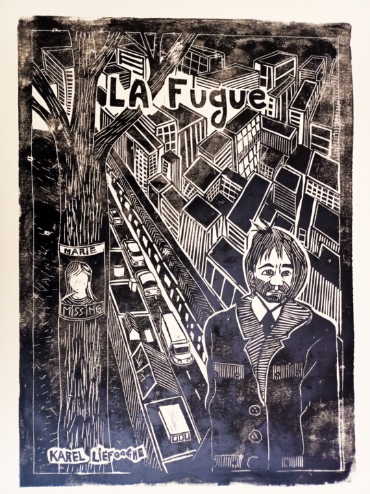 Printmaking titled "La fugue" by Karel Liefooghe, Original Artwork, Linocuts Mounted on Wood Panel