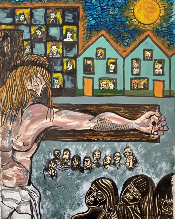 Painting titled "Le retour du messie" by Karel Liefooghe, Original Artwork, Acrylic Mounted on Wood Panel