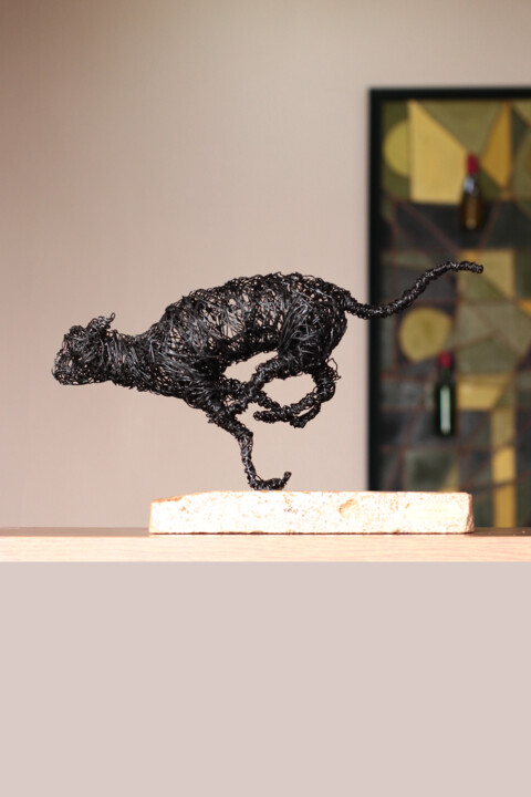 Sculpture titled "BLACK PREDATOR" by Karen Axikyan, Original Artwork, Wire Mounted on Wood Stretcher frame