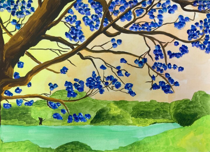 Картина под названием "Fleurs bleues" - Karen Dutoit Verbeke, Подлинное произведение искусства, Акрил