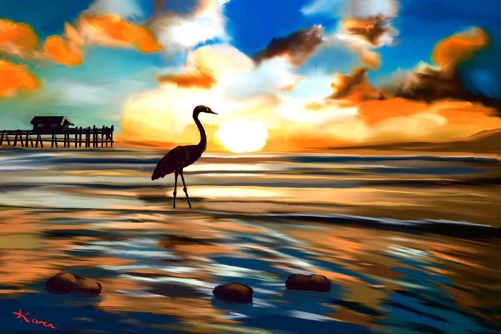 Digital Arts titled "Sea Bird at sunset" by Karen Harding, Original Artwork, Digital Painting