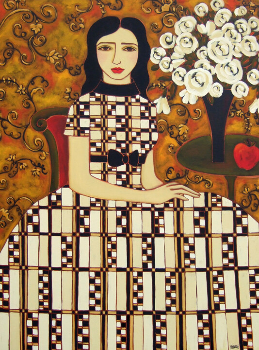 Painting titled "Woman with Ivory Ro…" by Karen Rieger, Original Artwork, Oil Mounted on Wood Stretcher frame