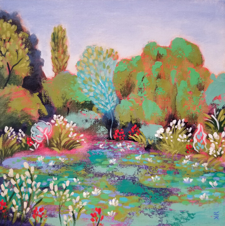 Картина под названием "Weeping Willow and…" - Karen Rieger, Подлинное произведение искусства, Акрил Установлен на Деревянная…