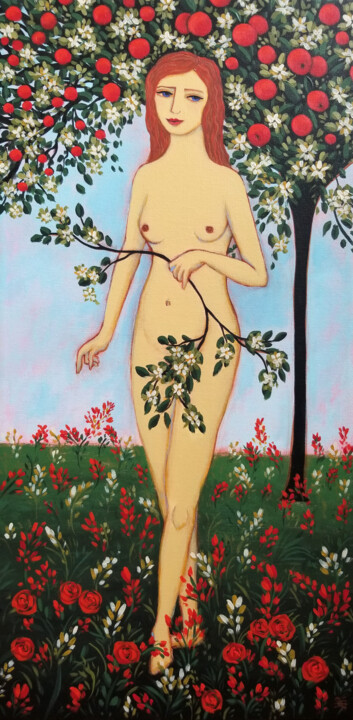 Schilderij getiteld "In the Garden" door Karen Rieger, Origineel Kunstwerk, Acryl Gemonteerd op Frame voor houten brancard