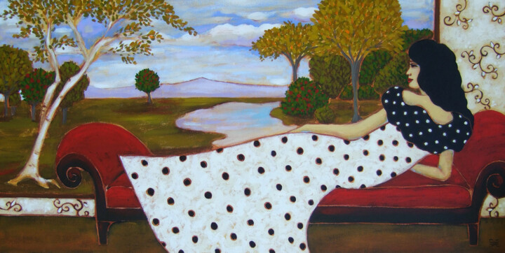 Painting titled "Woman with Polka Do…" by Karen Rieger, Original Artwork, Acrylic Mounted on Wood Stretcher frame