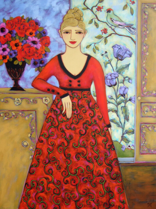 Painting titled "Woman with Bouquet…" by Karen Rieger, Original Artwork, Acrylic Mounted on Wood Stretcher frame