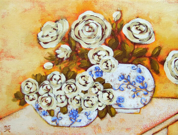Peinture intitulée "White Roses" par Karen Rieger, Œuvre d'art originale, Huile Monté sur Châssis en bois