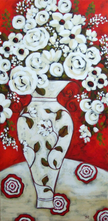 제목이 "Red and White"인 미술작품 Karen Rieger로, 원작, 아크릴 나무 들것 프레임에 장착됨