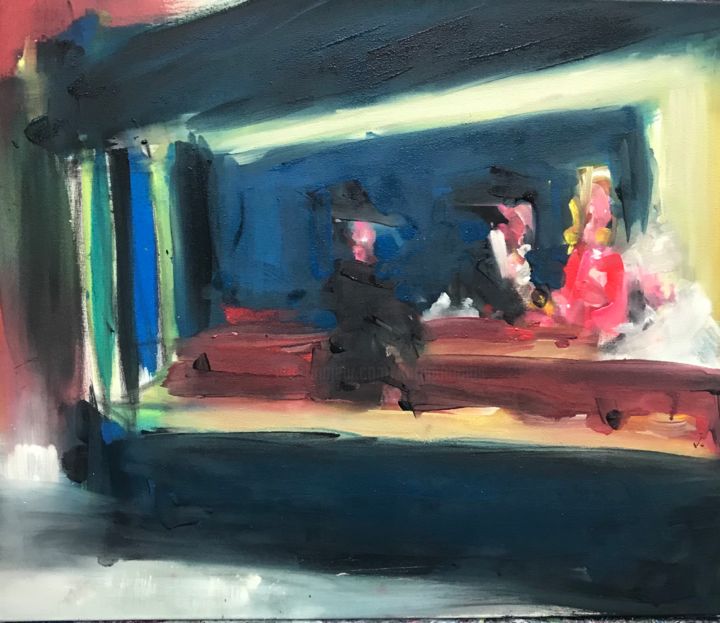 Pittura intitolato "Nighthawks, After H…" da Karen Thomas, Opera d'arte originale, Acrilico