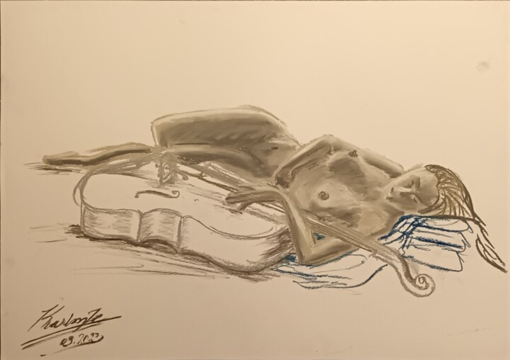 Рисунок под названием "Cello Love" - Karim Jamal El Dine, Подлинное произведение искусства, Пастель