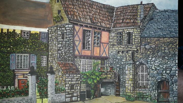 Peinture intitulée "Village" par Karim Ouachek, Œuvre d'art originale, Gouache