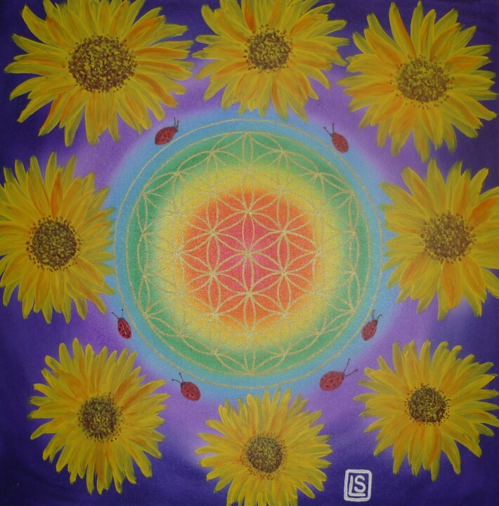 Painting titled "Sonnenblumenmandala" by Karin Sternberg, Original Artwork, Airbrush