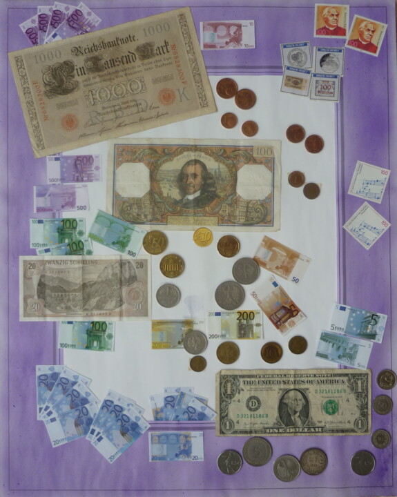 Collagen mit dem Titel "Collage Geld" von Karin Sternberg, Original-Kunstwerk, Collagen