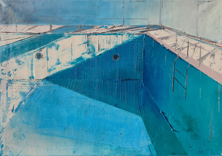 Painting titled "Pool 14" by Kariko Ono, Original Artwork, Oil Mounted on Wood Stretcher frame