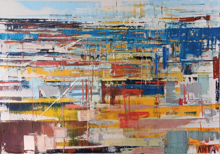 Painting titled "Abstract city 6" by Kariko Ono, Original Artwork, Oil Mounted on Wood Stretcher frame