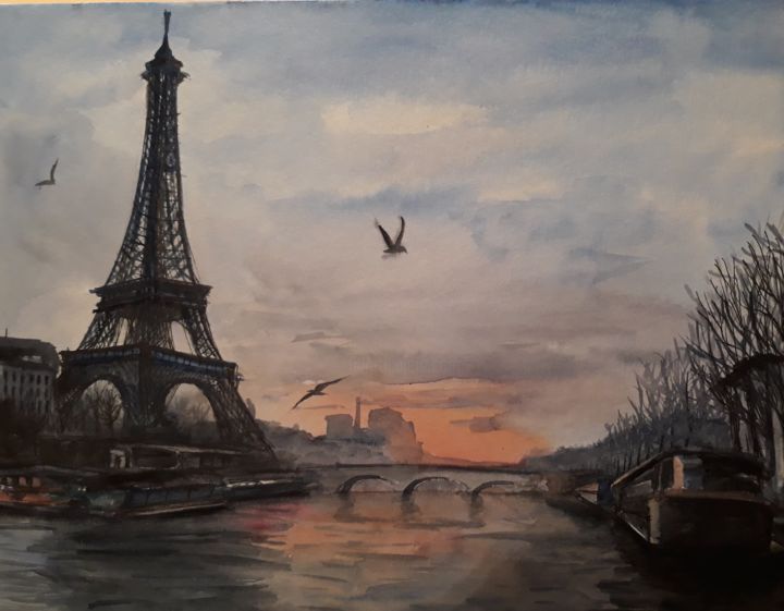 Painting titled "Eiffel Tower Sunset" by Karina Azarian, Original Artwork, Watercolor