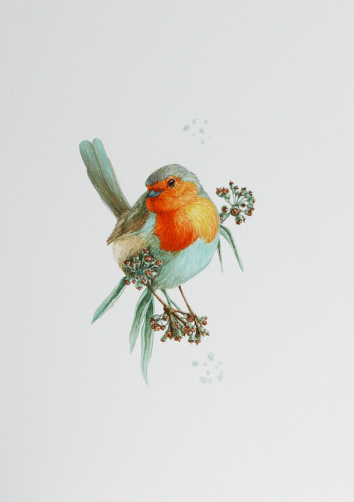 Картина под названием "Spring robin" - Karina Danylchuk, Подлинное произведение искусства, Акварель