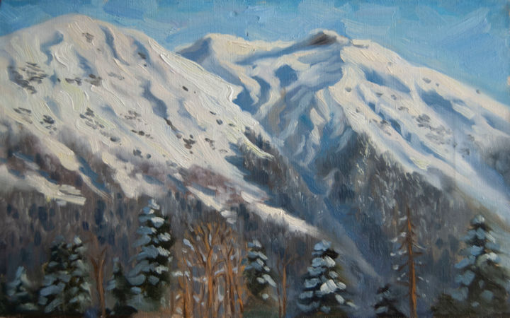 Painting titled "Snowy peaks" by Karina Galyamova, Original Artwork, Oil