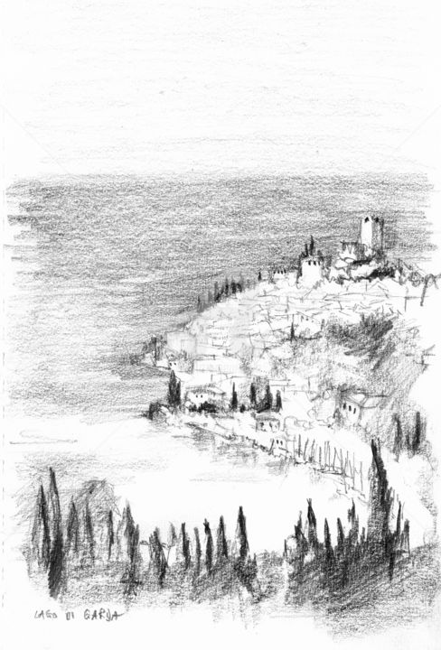 Dessin intitulée "Lago di Garda" par Karina Plachetka, Œuvre d'art originale, Crayon