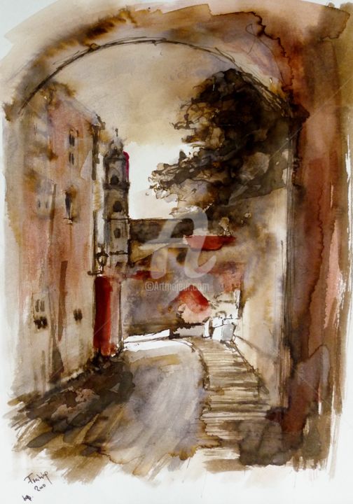 Painting titled "Old town Freising" by Karina Plachetka, Original Artwork, Ink