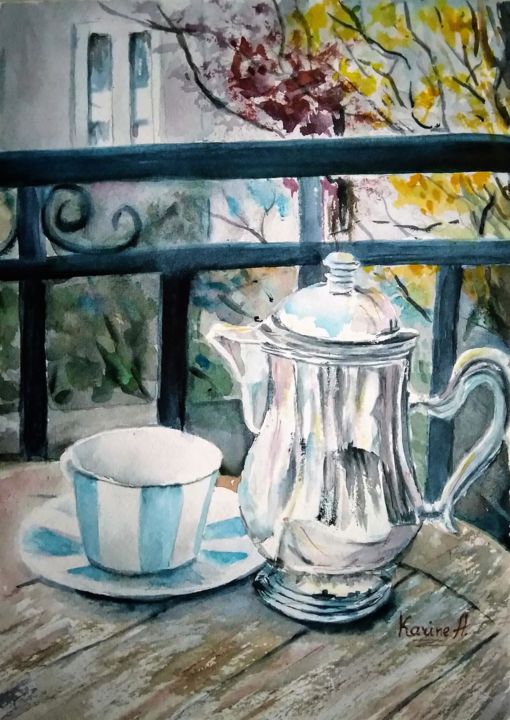 Painting titled "Coffee, Please!" by Karine Andriasyan, Original Artwork, Watercolor