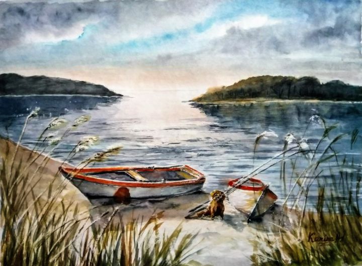 Painting titled "Gone Fishing" by Karine Andriasyan, Original Artwork, Watercolor