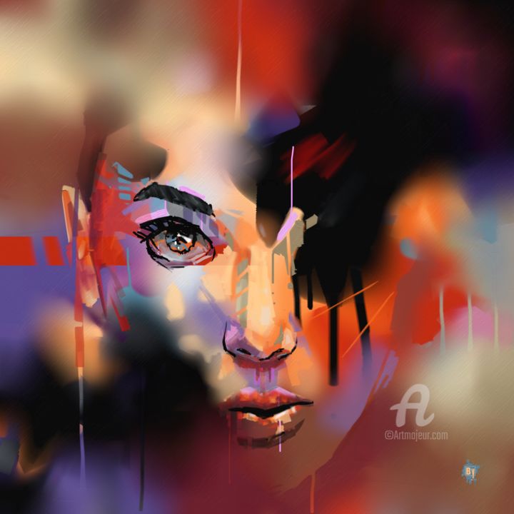 Digital Arts titled "Lola" by Karine Brailly, Original Artwork, Digital Painting Mounted on Wood Stretcher frame