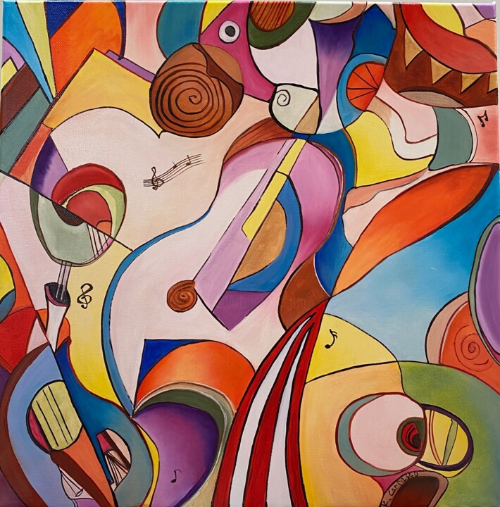 Painting titled "Esprit musical" by Karine Carrasco, Original Artwork, Acrylic Mounted on Wood Stretcher frame