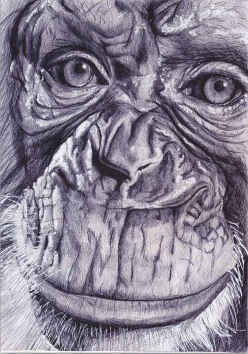 Dibujo titulada "Chimpanzé au stylo…" por Karine Lambert, Obra de arte original, Bolígrafo