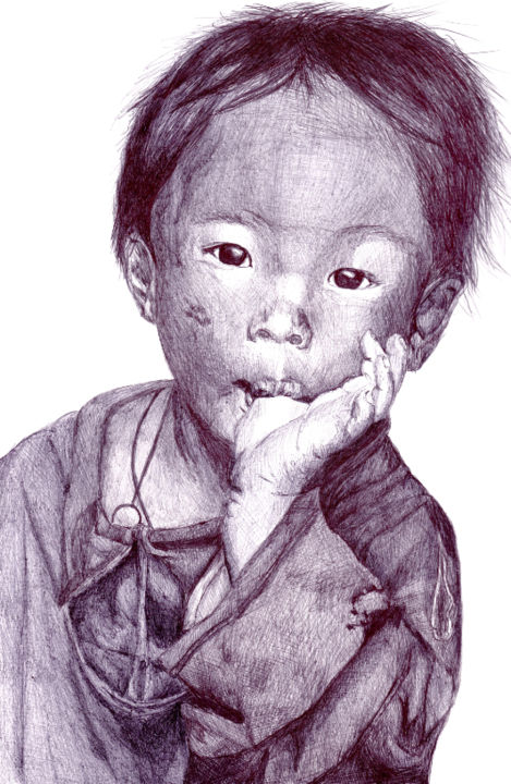 Dessin intitulée "Bébé cambodgien" par Karine Lambert, Œuvre d'art originale, Stylo à bille