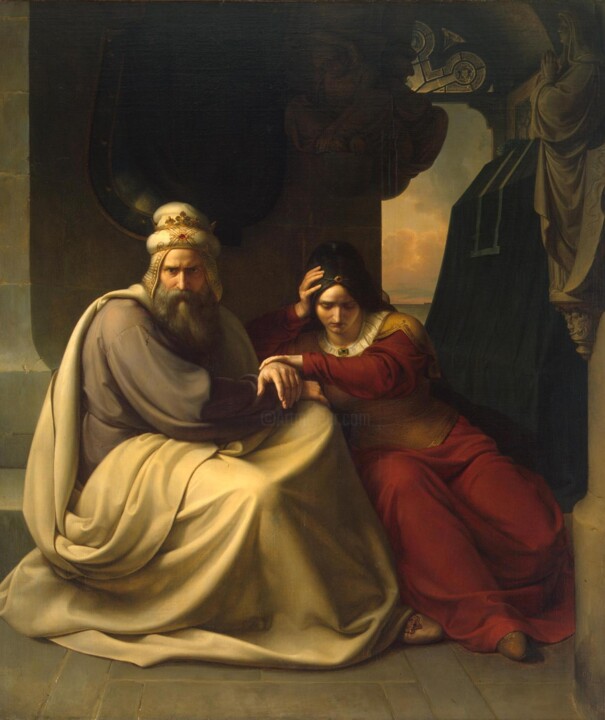 Schilderij getiteld "Un couple royal ple…" door Karl Friedrich Lessing, Origineel Kunstwerk, Olie