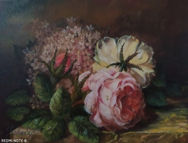 Schilderij getiteld "Rosen auf einem Tis…" door Karl-Werner Gerstner, Origineel Kunstwerk, Olie