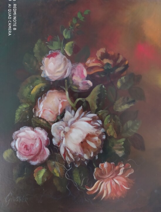 Malerei mit dem Titel "Rosen mit Stockrose" von Karl-Werner Gerstner, Original-Kunstwerk, Öl