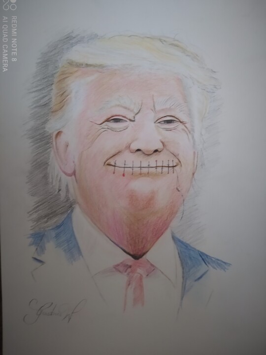 Schilderij getiteld "Ohne Worte. Trump!" door Karl-Werner Gerstner, Origineel Kunstwerk, Conté