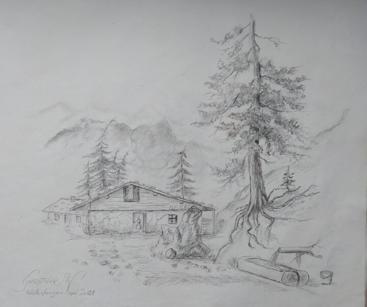 Картина под названием "In the mountains. I…" - Karl-Werner Gerstner, Подлинное произведение искусства, Карандаш