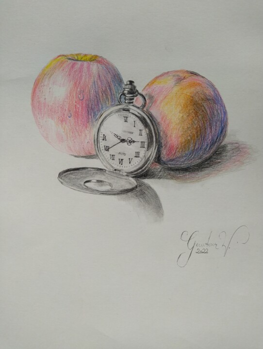 Painting titled "The clock. Die Uhr.…" by Karl-Werner Gerstner, Original Artwork, Conté