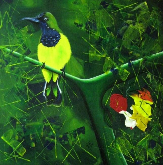Peinture intitulée "BIRD IN TREE !" par Kafi, Œuvre d'art originale, Huile