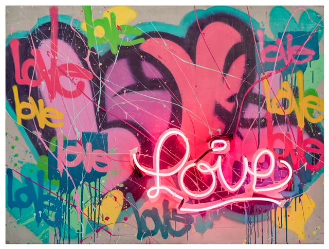「Neon Graffiti Love」というタイトルの絵画 Karlos Marquezによって, オリジナルのアートワーク, スプレー式塗料