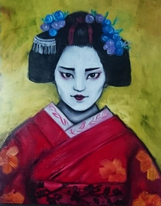 Painting titled "Portrait de Geisha" by Karnakiev, Original Artwork, Oil Mounted on Wood Stretcher frame