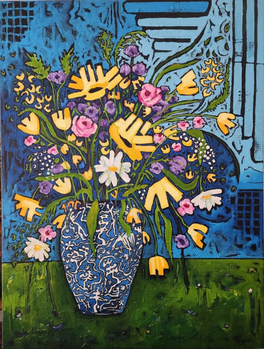 Картина под названием "Blue vase of Joy" - Karnish Art, Подлинное произведение искусства, Акрил Установлен на Деревянная рам…