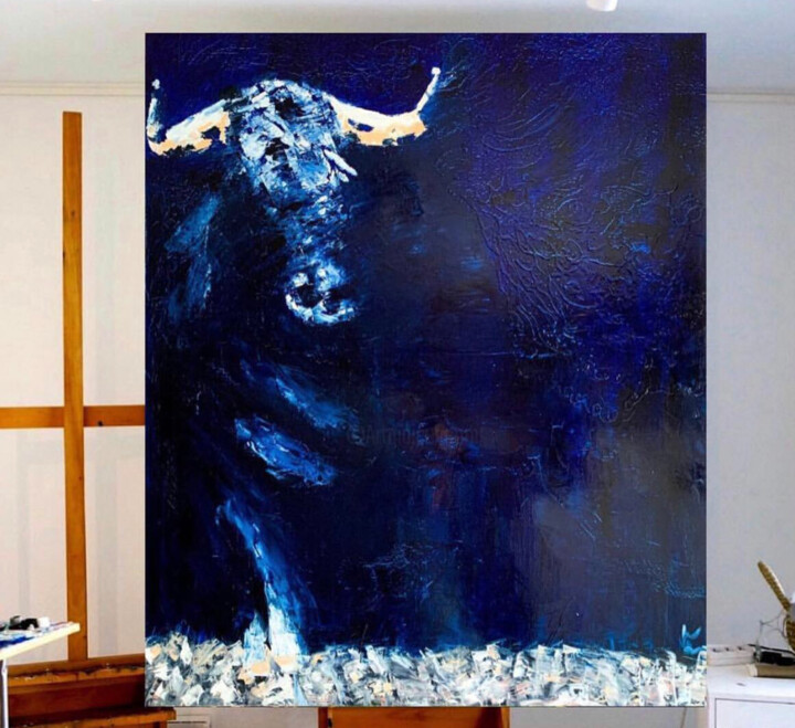 Pittura intitolato "Blue Bull" da Karol Bichel, Opera d'arte originale, Olio