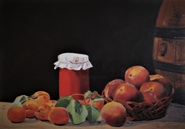 Peinture intitulée "Pêches et abricots" par Karol Reber, Œuvre d'art originale, Huile