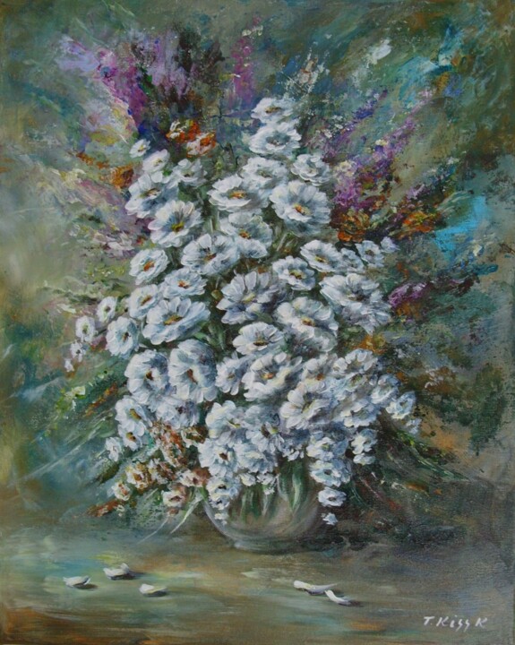 Painting titled "White flowers" by Karola Kiss, Original Artwork, Acrylic Mounted on Wood Stretcher frame